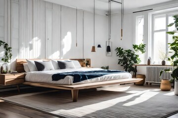 a Scandinavian bedroom with low-profile platform beds and Japanese-inspired furniture 