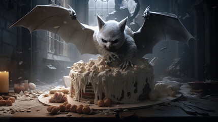 A gloomy evil cat with wings is sitting on a cake in a dark room.
