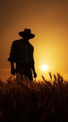 A solitary figure standing in a golden wheat field at sunset
