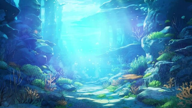 blue underwater fish and corals background, 4K animation