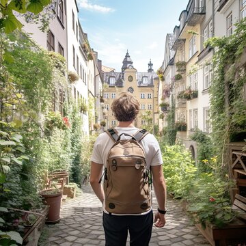 men tourists walk along the historical streets of Europe with a backpack on their shoulders. European cityscape: narrow streets with centuries-old buildings and bright flowers in window boxes.