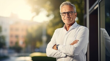 Senior Man is overjoyed. An elderly man poses for the camera while smiling. generative ai