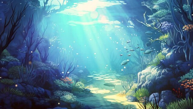 Blue Underwater Fish And Corals Background In Anime Illustration Style, 4K Animation