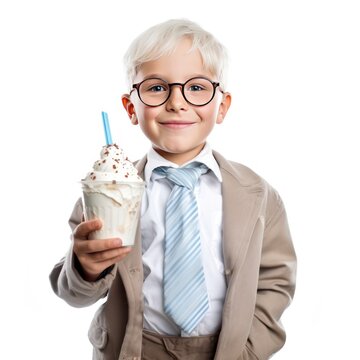 Picture for background a 10-year-old child poses as professor with ice cream isolated on background