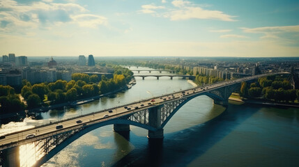Drone shot capturing a city bridge spanning a river