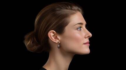 Close up side of a pretty young woman posing on black background