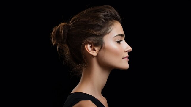 Close up side of a pretty young woman posing on black background