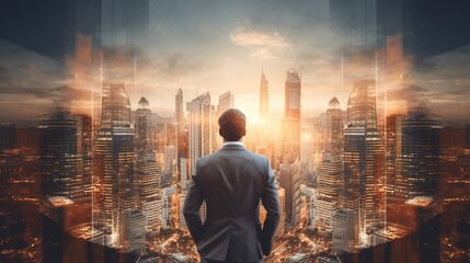 Double exposure image of the businessman standing back during sunrise overlay with cityscape image. The concept of modern life. generative ai