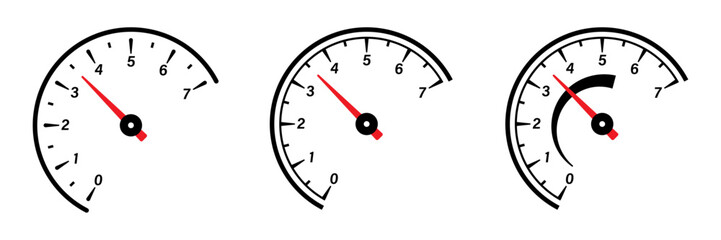 Car mileage speedometer, measuring kilometers set. Circle speed control, accelerating dashboard of autos or motorbike, recent vector background Isolated speedometer.