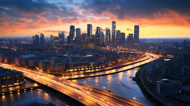Aerial shot from a drone showcasing a cityscape during sunset,  with traffic creating streams of light in the urban landscape