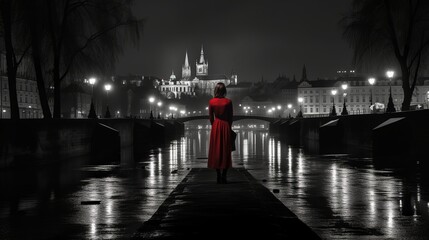 Fototapeta na wymiar woman in red night gothic city
