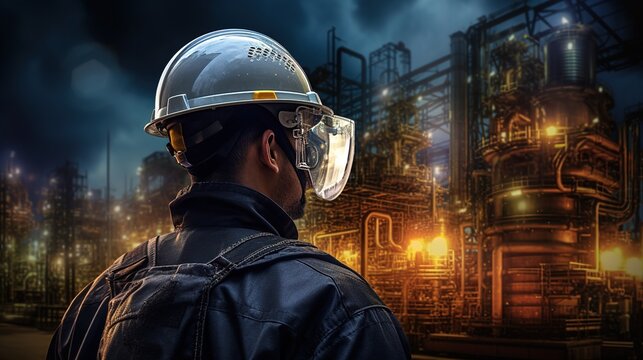 Double exposure of Engineer with safety helmet with oil refinery industry plant background,. generative ai