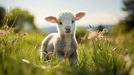 Naklejka na ściany i meble A lamb on green grass
