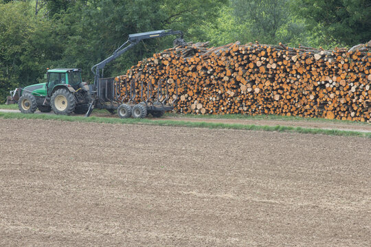 grue sur tracteur en train de charger sur une remorque des troncs d'arbres 