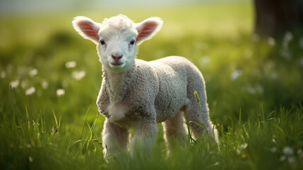 Naklejka na ściany i meble A lamb on green grass