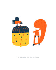Autumn postcard with cute fox, bird, acorn.