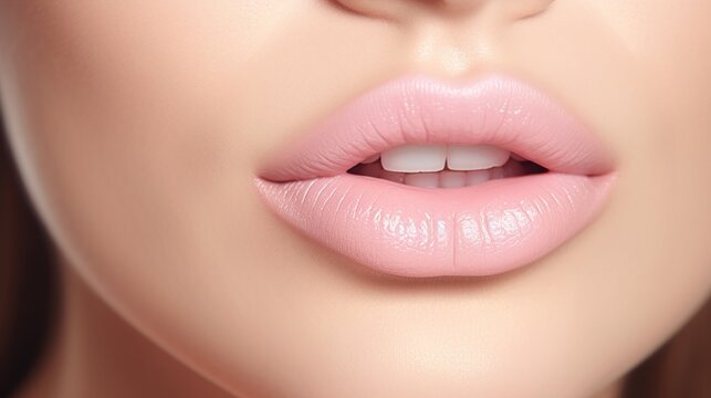 Close-up of a lovely young model's face. Injections of lip fillers. Fillers. Lip enhancement. Lips that are perfect thanks to hyaluronic acid. Close-up of a Sexy Mouth. generative ai