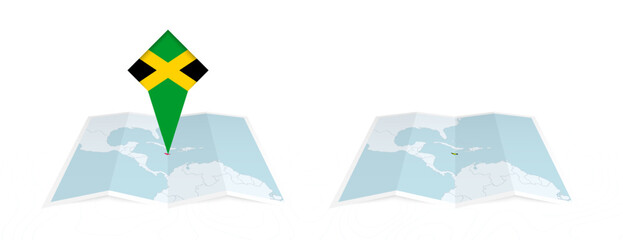 Two versions of an Jamaica folded map, one with a pinned country flag and one with a flag in the map contour. Template for both print and online design.