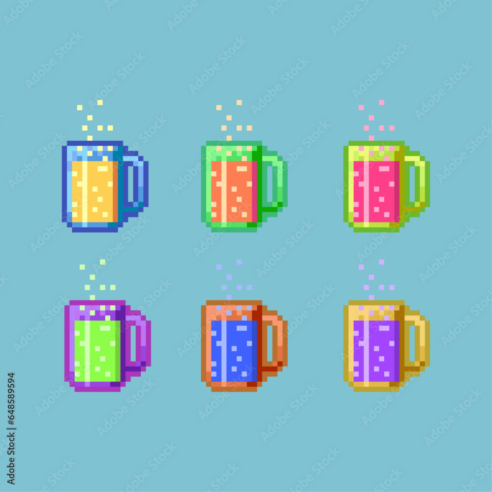 Poster pixel art sets of beer with variation color items asset. simple bits of beer on pixelated style.8bit