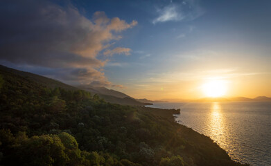 A view from the Aegean sea. A landscape photo taken at sunset.