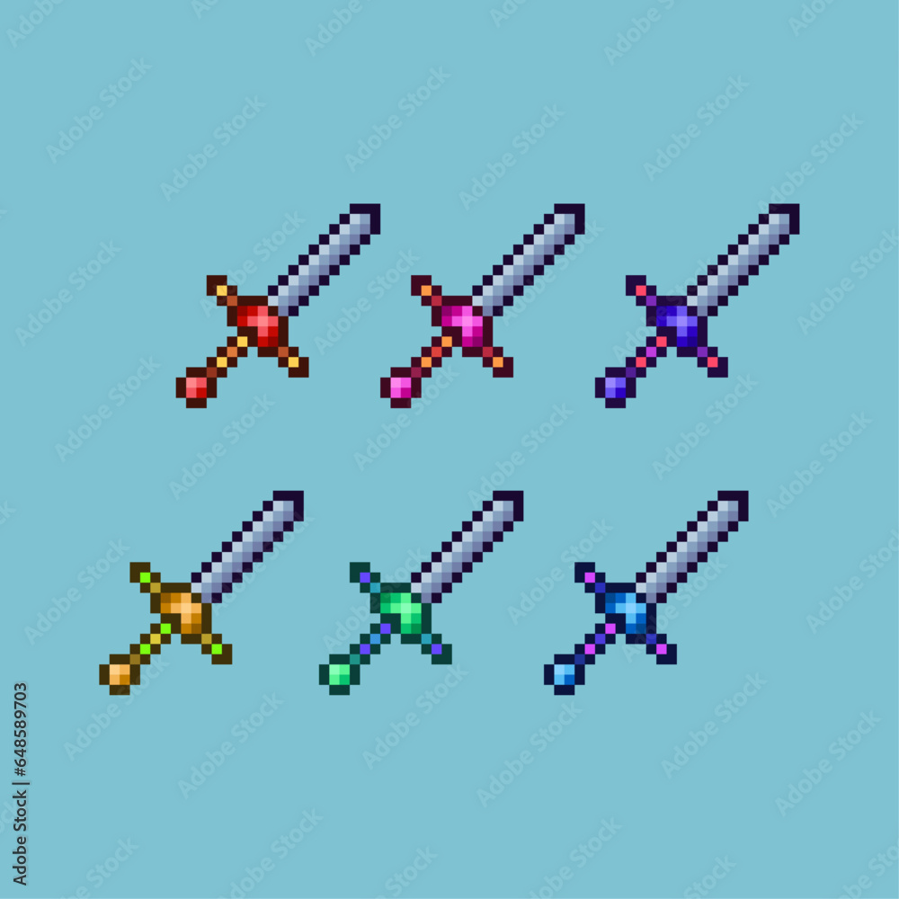 Poster pixel art sets of sword weapons with variation color items asset. simple bits of sword dugeon loot o
