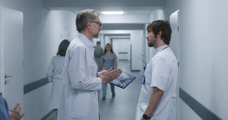 Obraz premium Mature doctor shows MRI, CT brain scan image to colleague using digital tablet. Professional medics stand and walk along the clinic corridor, discuss work. Medical staff, patients in hospital hallway.