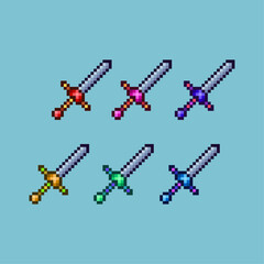 Pixel art sets of sword weapons with variation color items asset. simple bits of sword dugeon loot on pixelated style.8bits perfect for game asset or design asset element for your game design asset