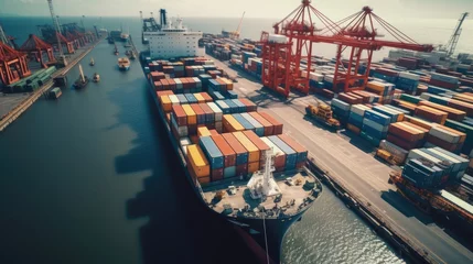 Fotobehang Top view from a drone capturing a busy port area with ships and containers © basketman23