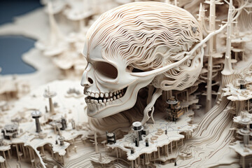 Stylized human skull against the background of small mechanisms