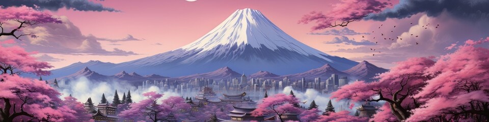 fuji mountain in japan panorama Illustration walpaper - obrazy, fototapety, plakaty