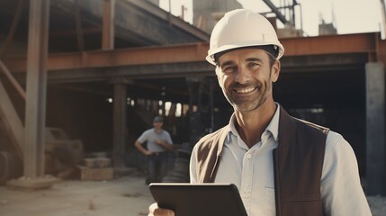 Smart portrait, male senior engineer standing with tablet and construction site. generative ai