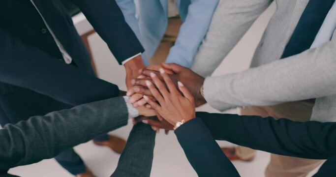 Business people, hands together and collaboration, support or teamwork with corporate goals, success and mission above. Employees, group and circle with stack for teamwork, target and staff synergy