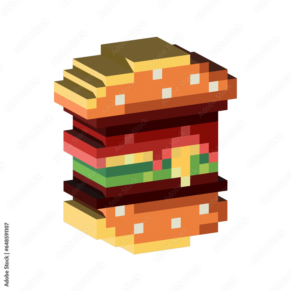 Poster isometric pixel art 3d of hamburger food for items asset. simple 3d of hamburger for game on pixelat