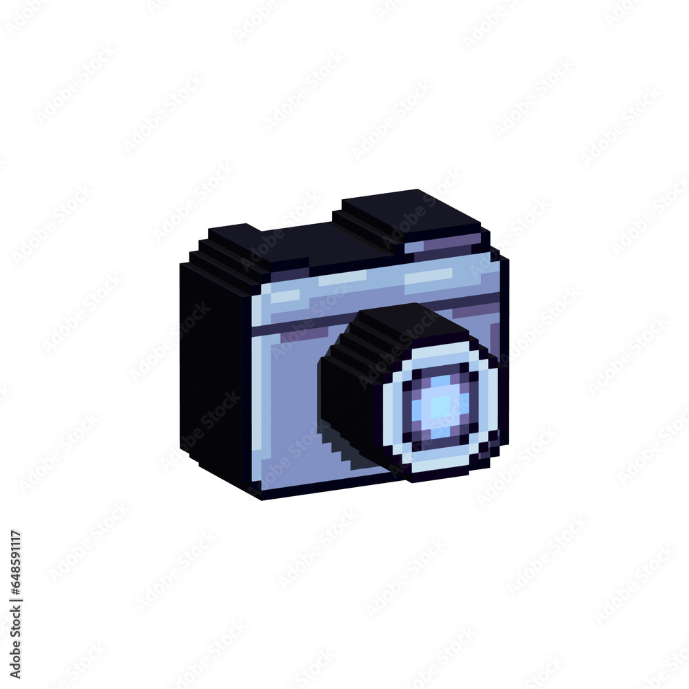 Poster isometric pixel art 3d of camera for items asset. simple 3d of camera for game on pixelated style.8b