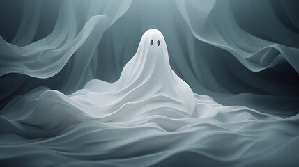 Professional photography of a cute kid with a costume of a Ghost in a Foggy street at Halloween night
