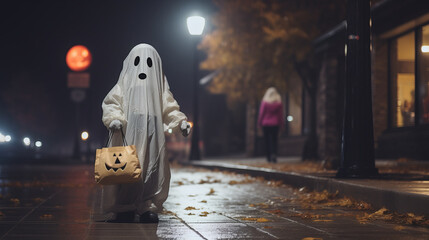 Professional photography of a cute kid with a costume of a Ghost in a Foggy street at Halloween night