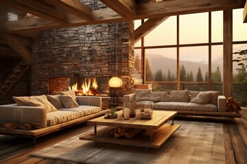 Stunning contemporary rustic living space lit by soft golden sunlight. Generative AI