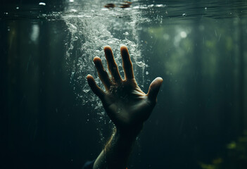 Underwater scene of hand trying to call for help. Selective focus of a hand in the water in naturalistic realism. Hand with outstretched fingers that reflects the tension of the gesture. - obrazy, fototapety, plakaty