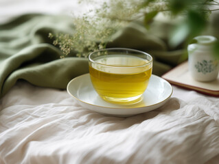 Cup of herbal tea on table