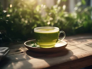 Schilderijen op glas Cup of green tea on table © Lina