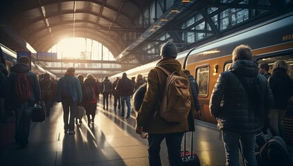 railway platform train station central hub with blur moving crowd of people traveling in morning tome travel vacation concept