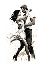 black and white watercolor painting of a dancing couple