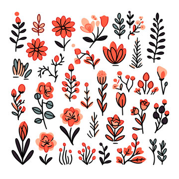 Flower bed set of vector icons in minimalistic, black and red line work, japan web, icons pack