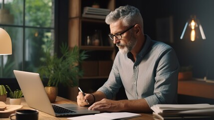 businessman works on his laptop at home. Young student or remote teacher at home office using computer remote studying, virtual training, and watching online education webinar. generative ai