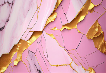 Pink and gold marble surface with gold detail. Generative AI
