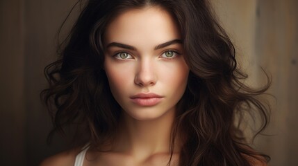 Naklejka premium Profile of beautiful young female model at the camera against a white background, beauty skincare and flawless facial skin.