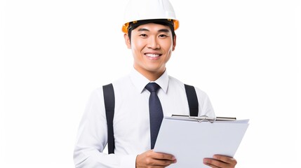 portrait of a worker with a hardhat on white background. generative ai
