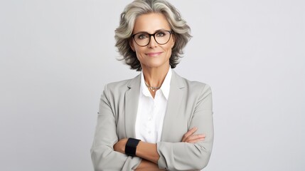 portrait of a senior woman to camera standing pose on isolated white background. Female in suit portrait shot in studio. generative ai