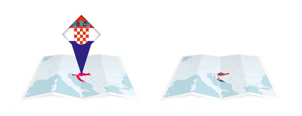 Fototapeta premium Two versions of an Croatia folded map, one with a pinned country flag and one with a flag in the map contour. Template for both print and online design.