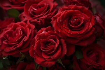 Detailed view of a cluster of crimson roses. Generative AI